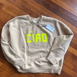 NWT Clare V Beige CIAO Sweatshirt Crewneck with Neon Yellow CIAO